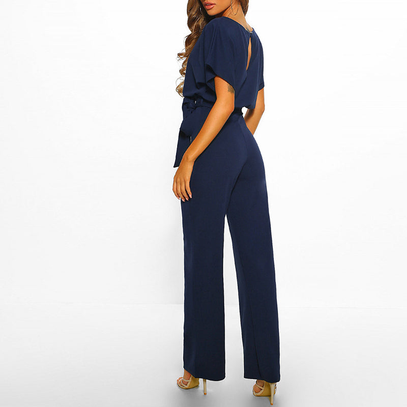 Navy Belted Wide Leg Jumpsuit – Women's Elegant Short Sleeve Jumpsuit