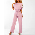 Navy Belted Wide Leg Jumpsuit – Women's Elegant Short Sleeve Jumpsuit