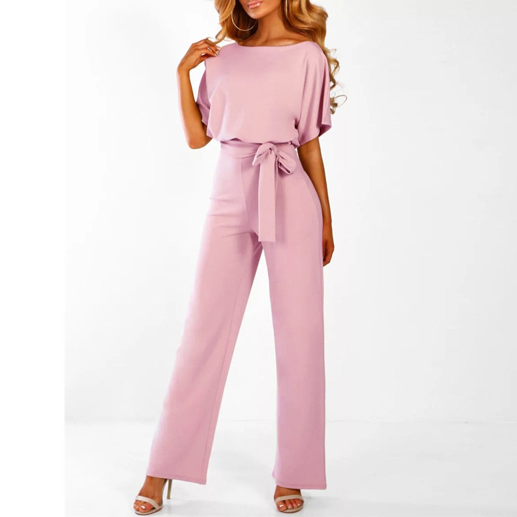 Navy Belted Wide Leg Jumpsuit – Women's Elegant Short Sleeve Jumpsuit