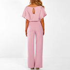 Navy Belted Wide Leg Jumpsuit – Women's Elegant Short Sleeve Jumpsuit