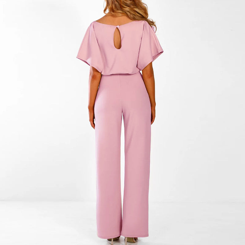 Navy Belted Wide Leg Jumpsuit – Women's Elegant Short Sleeve Jumpsuit