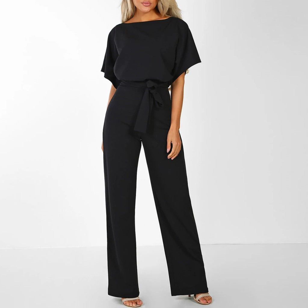 Navy Belted Wide Leg Jumpsuit – Women's Elegant Short Sleeve Jumpsuit