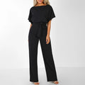 Navy Belted Wide Leg Jumpsuit – Women's Elegant Short Sleeve Jumpsuit