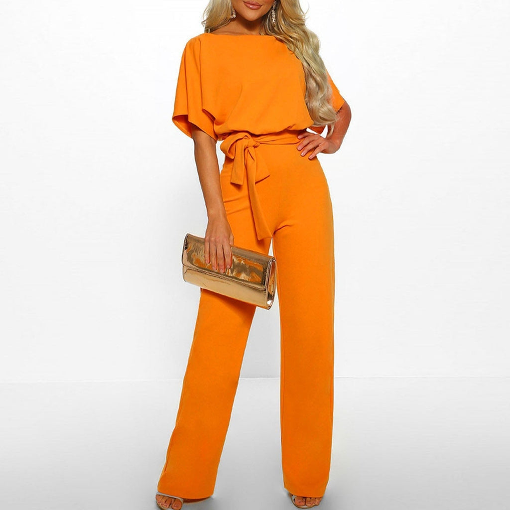 Navy Belted Wide Leg Jumpsuit – Women's Elegant Short Sleeve Jumpsuit