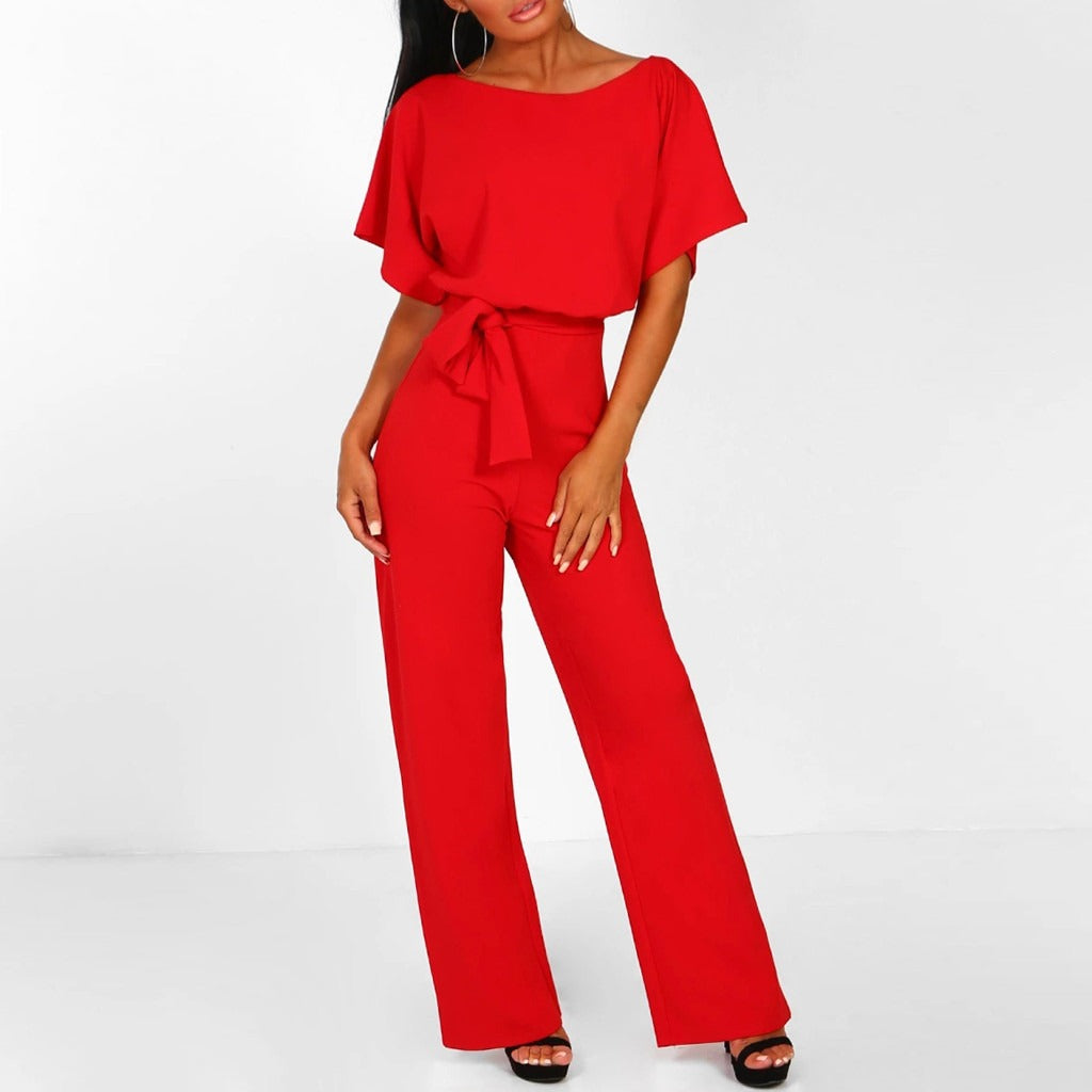 Navy Belted Wide Leg Jumpsuit – Women's Elegant Short Sleeve Jumpsuit