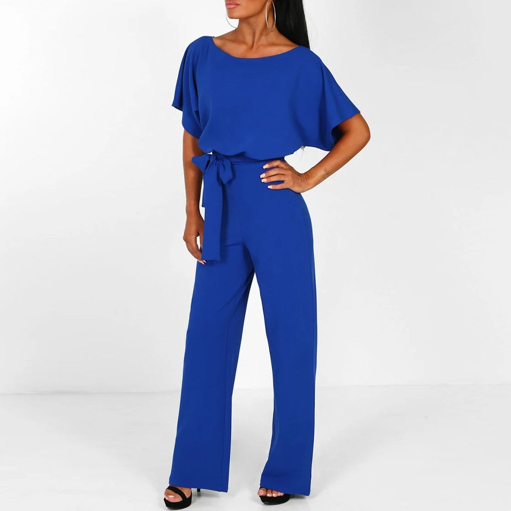 Navy Belted Wide Leg Jumpsuit – Women's Elegant Short Sleeve Jumpsuit