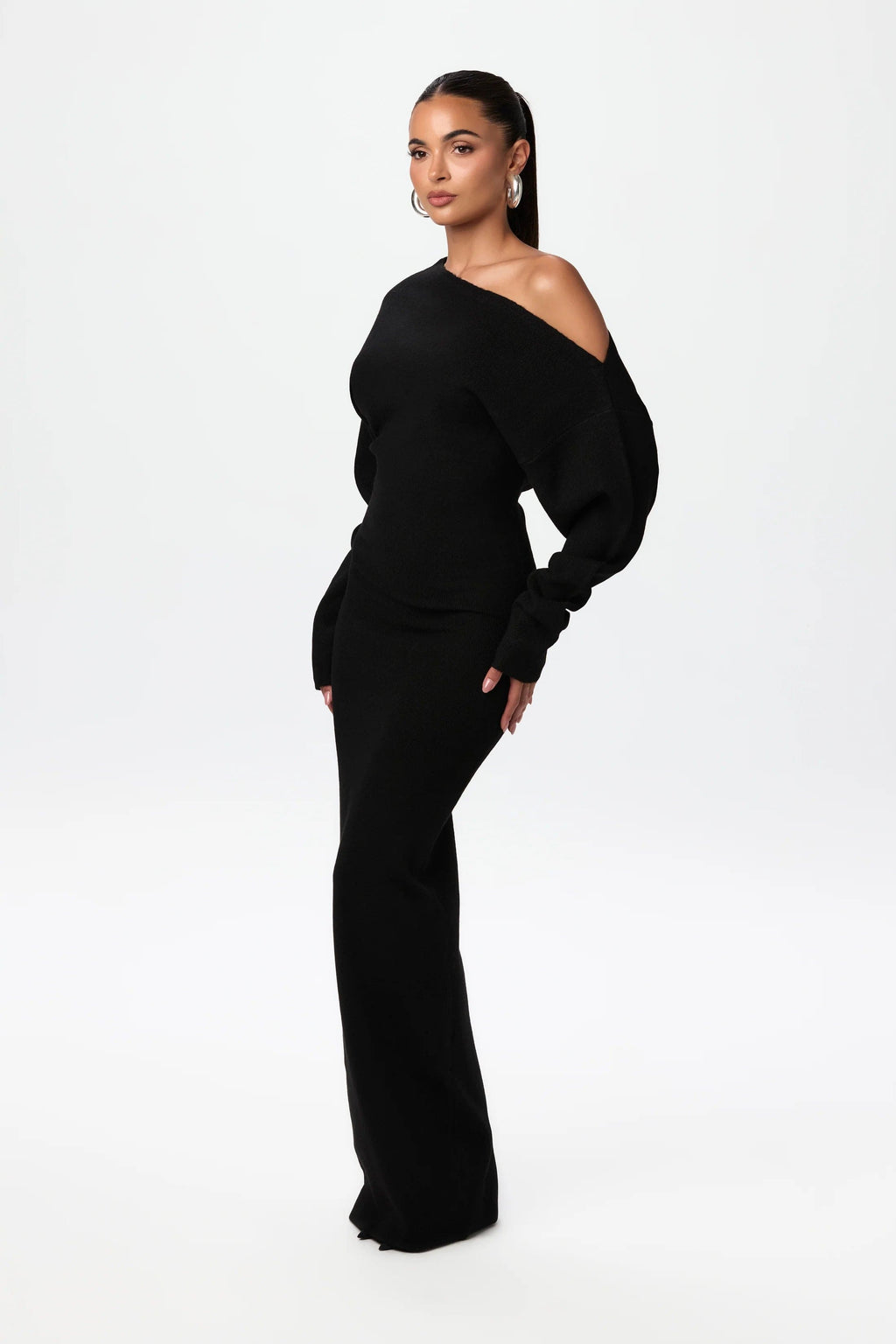 Off Shoulder Knit Maxi Dress – Stretch Bodycon Jumper Dress