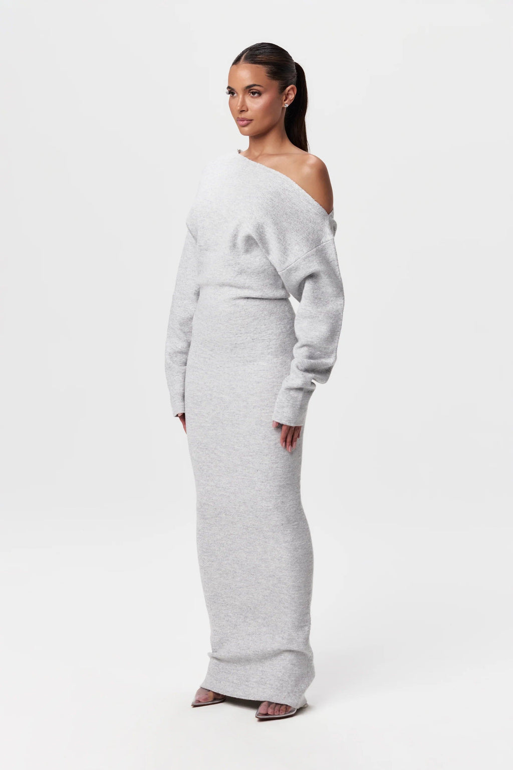 Off Shoulder Knit Maxi Dress – Stretch Bodycon Jumper Dress