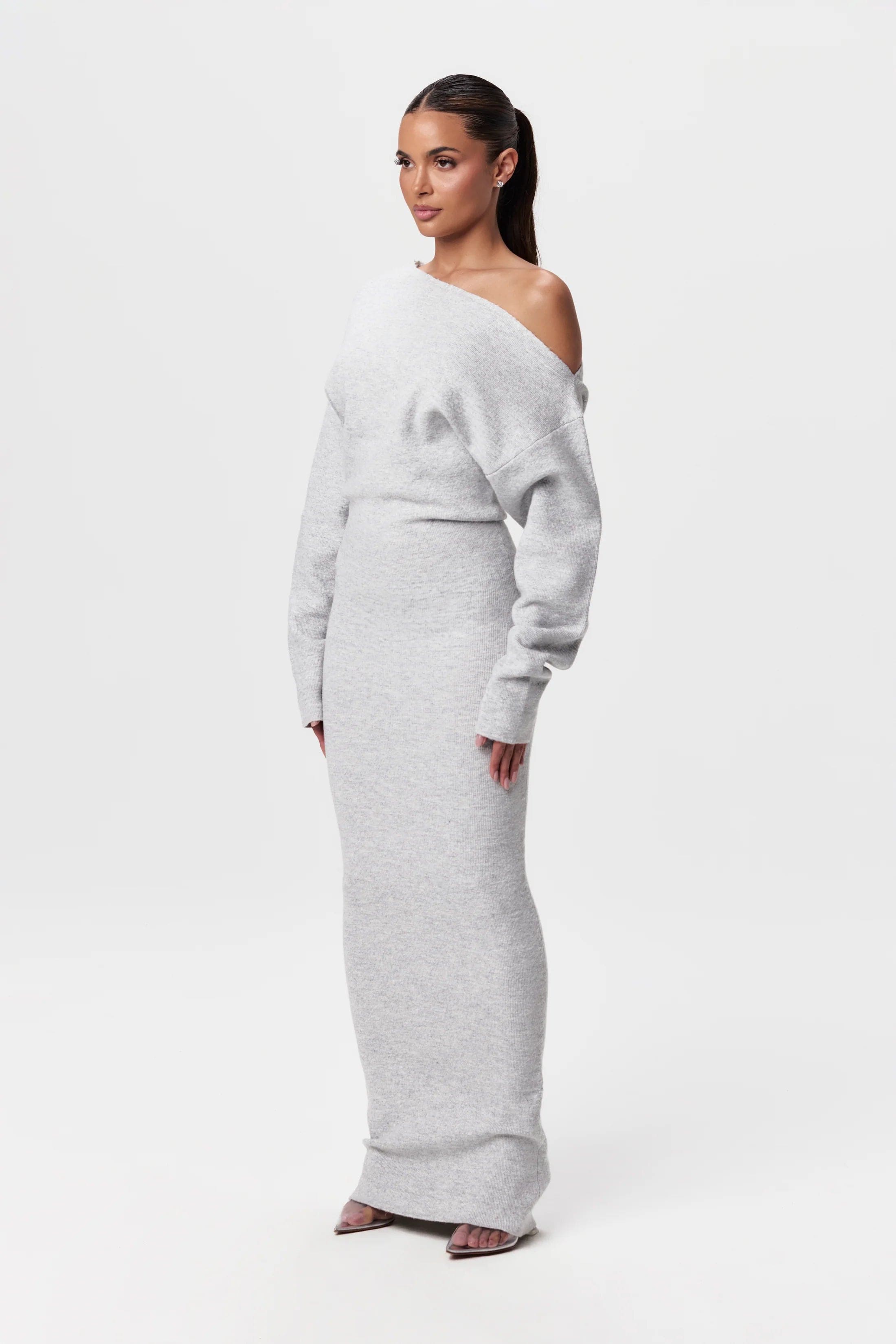 Off Shoulder Knit Maxi Dress – Stretch Bodycon Jumper Dress