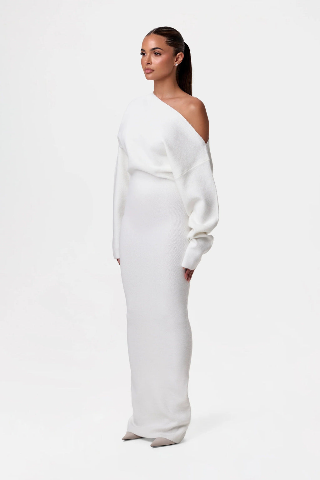 Off Shoulder Knit Maxi Dress – Stretch Bodycon Jumper Dress