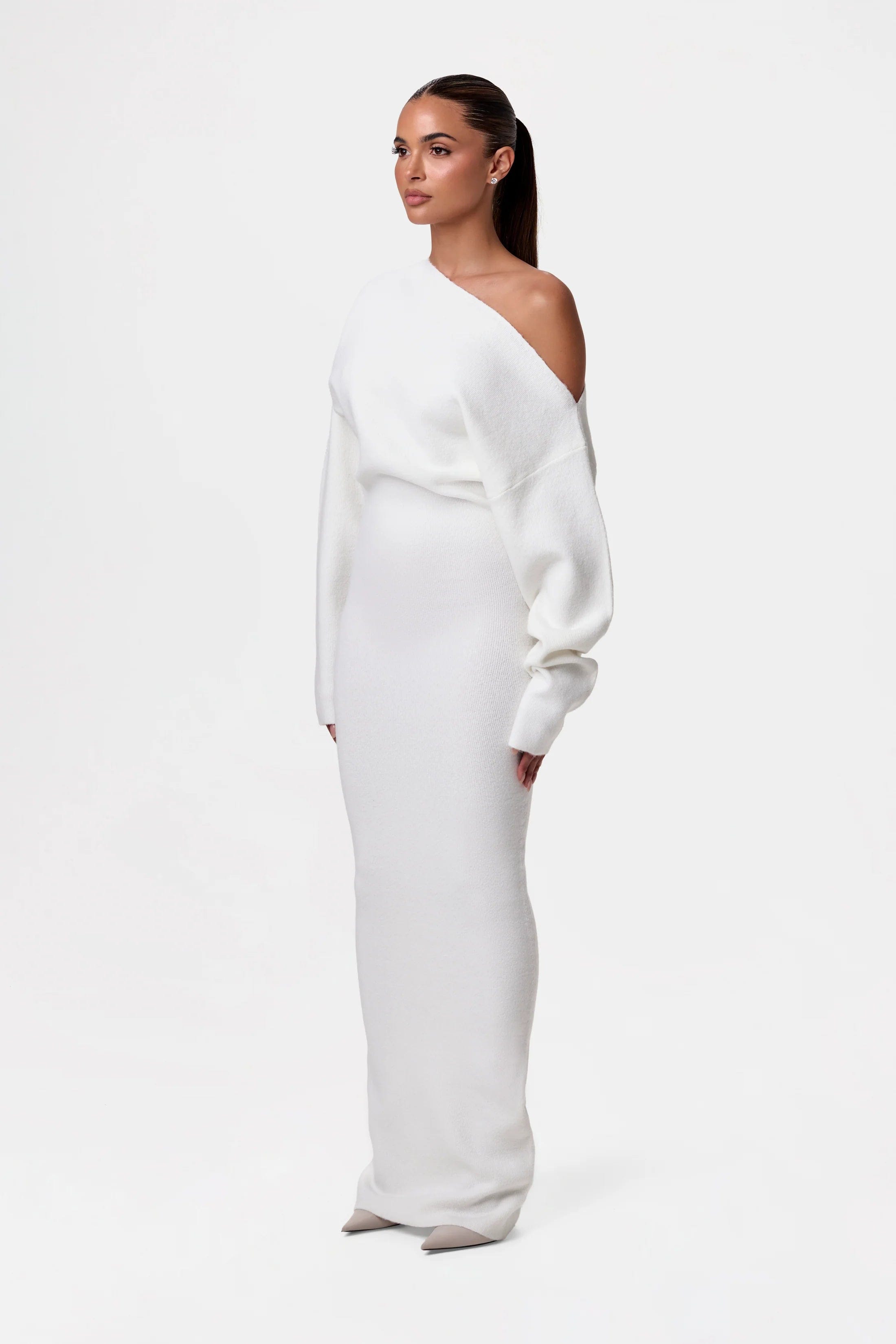 Off Shoulder Knit Maxi Dress – Stretch Bodycon Jumper Dress
