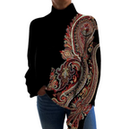 Women's Elegant High Neck Knitted Sweater with Statement Printed Design