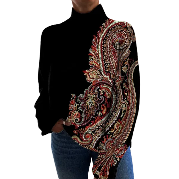 Women's Elegant High Neck Knitted Sweater with Statement Printed Design