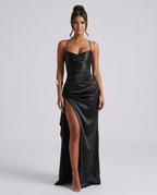 Draped Ruched Waist Satin Maxi Dress