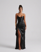 Draped Ruched Waist Satin Maxi Dress