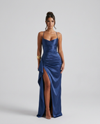 Draped Ruched Waist Satin Maxi Dress
