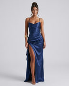 Draped Ruched Waist Satin Maxi Dress