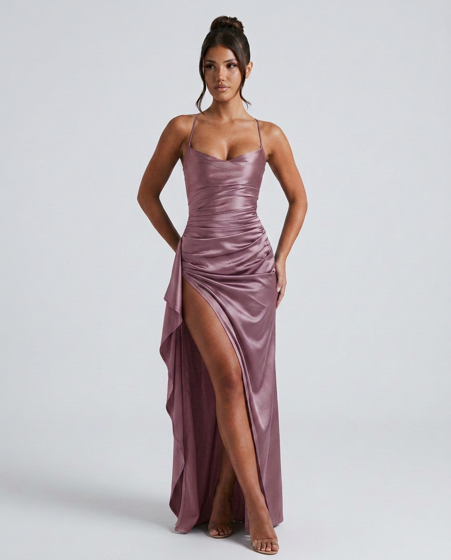 Draped Ruched Waist Satin Maxi Dress