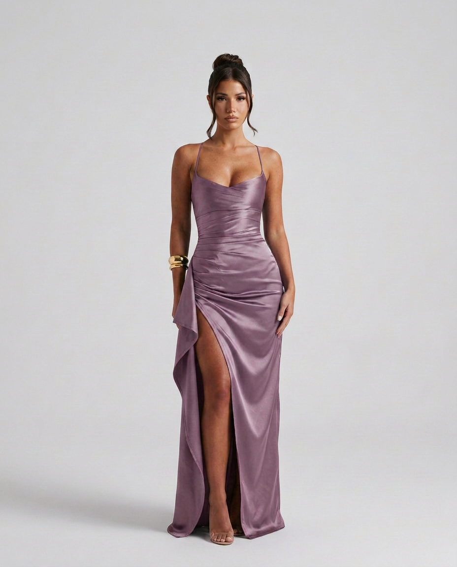 Draped Ruched Waist Satin Maxi Dress
