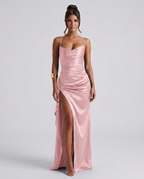 Draped Ruched Waist Satin Maxi Dress