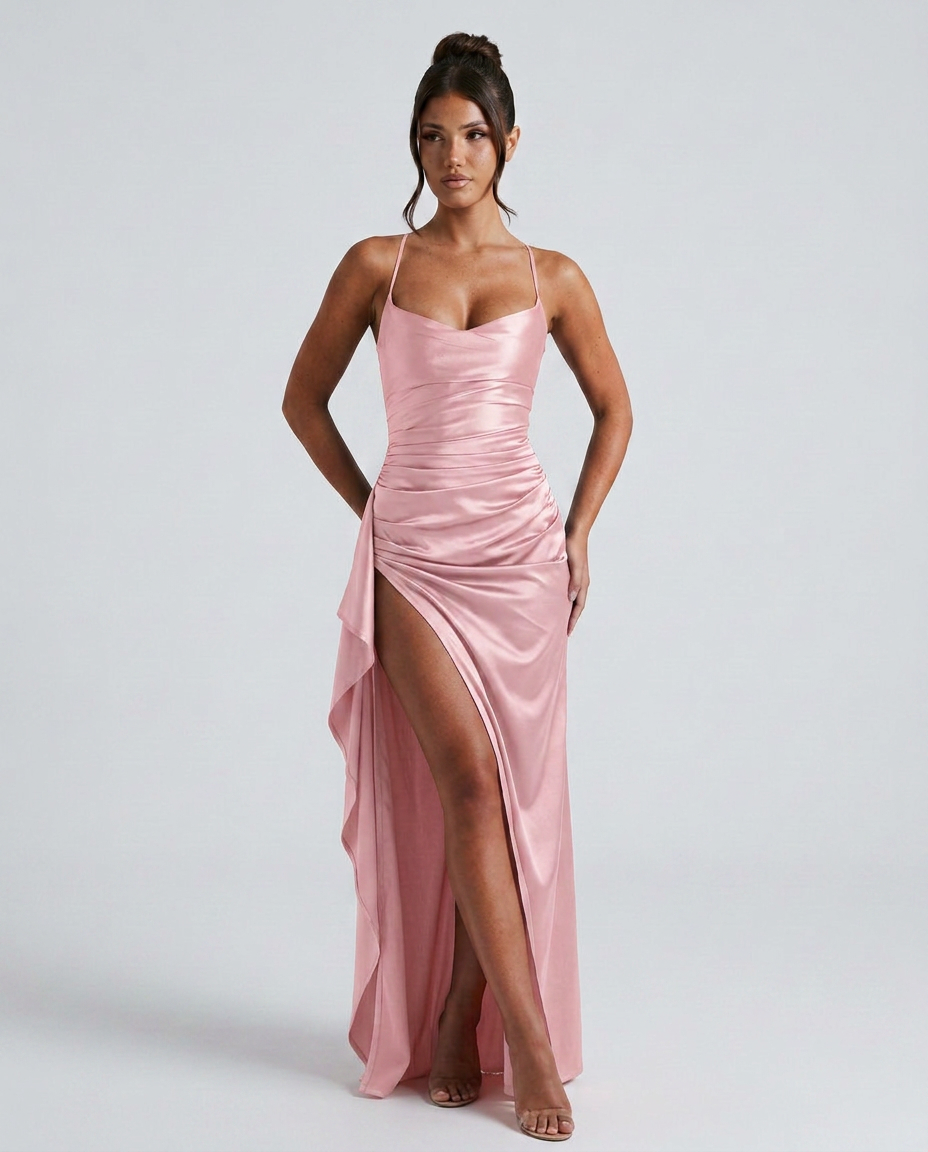 Draped Ruched Waist Satin Maxi Dress
