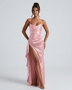Draped Ruched Waist Satin Maxi Dress