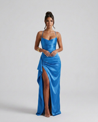 Draped Ruched Waist Satin Maxi Dress