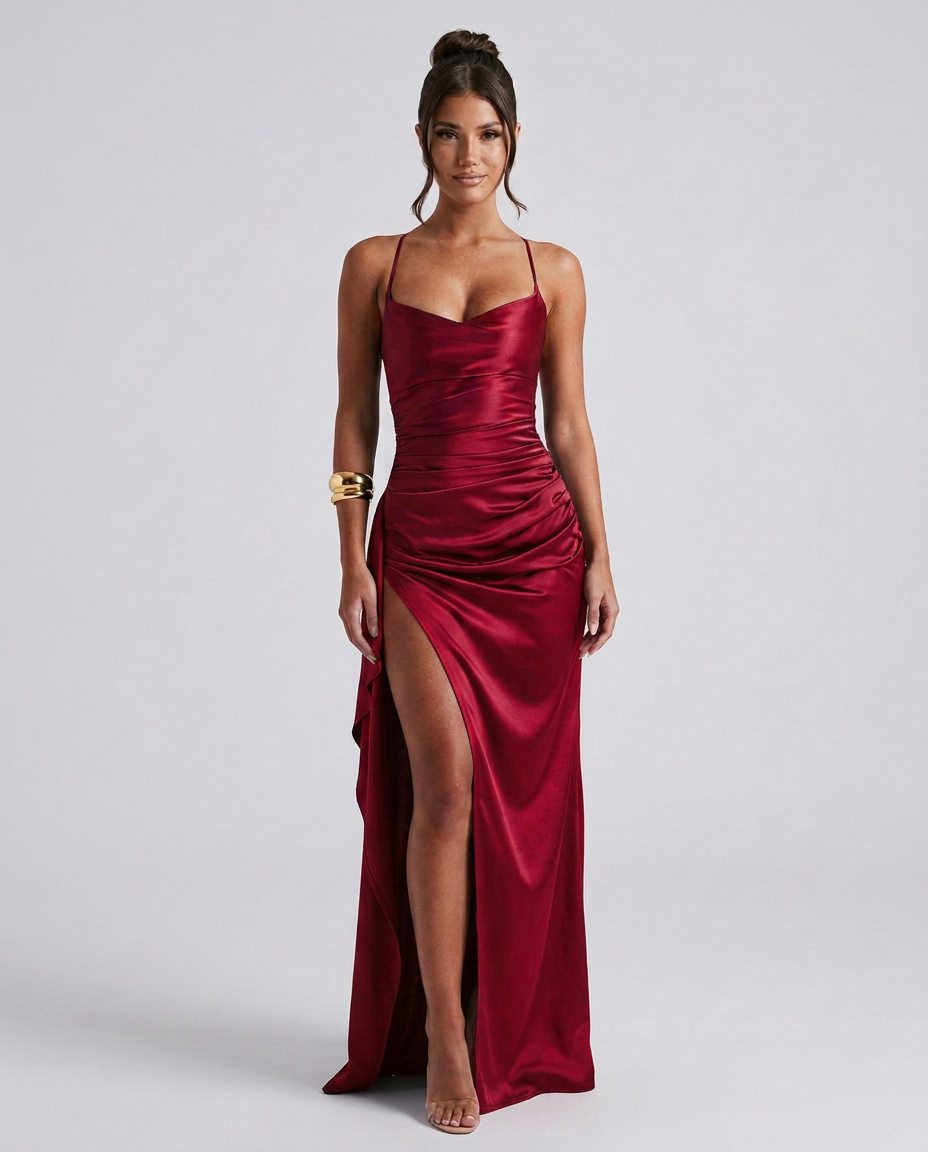 Draped Ruched Waist Satin Maxi Dress