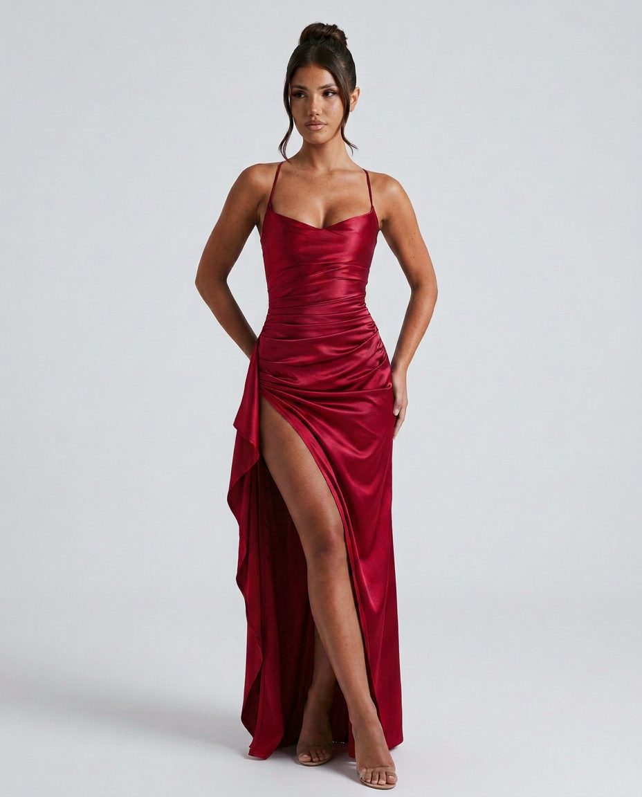 Draped Ruched Waist Satin Maxi Dress