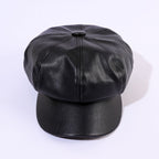 Women's Faux Leather Baker Boy Cap with Panelled Crown