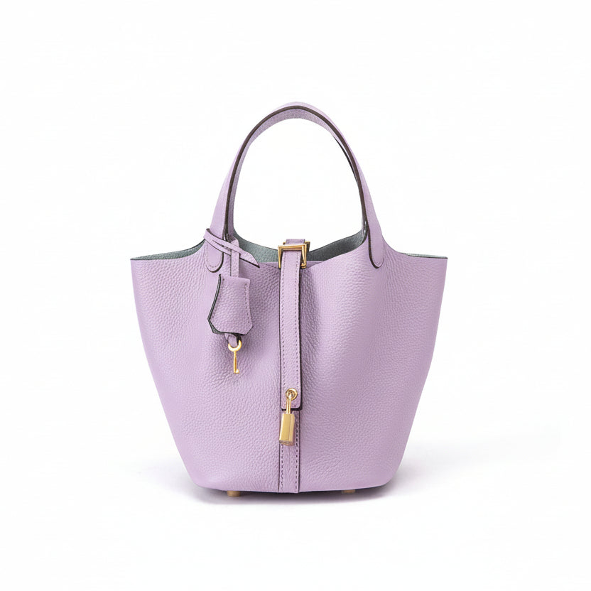 Structured Basket Handbag with Twist Lock – Faux Leather Bucket Bag