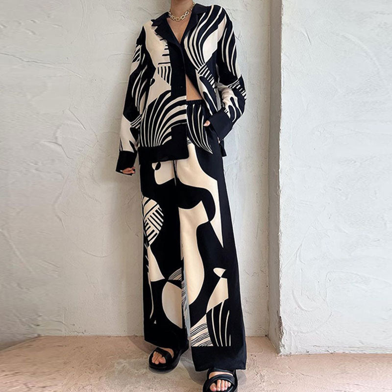 Women's Relaxed Printed Button-Up Shirt and Wide Leg Trouser Set