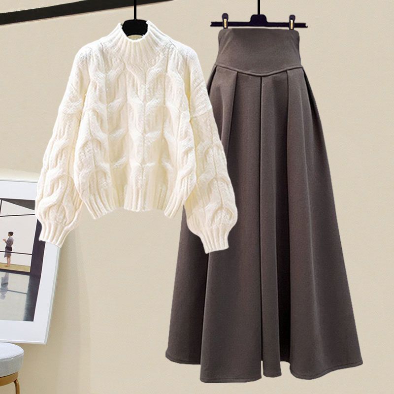 Women's Cable Knit Jumper and Long Pleated Skirt Set