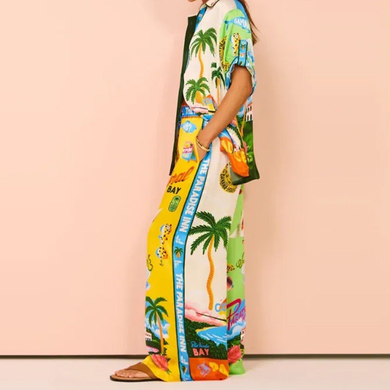 Women's Relaxed Printed Button-Up Shirt and Wide Leg Trouser Set
