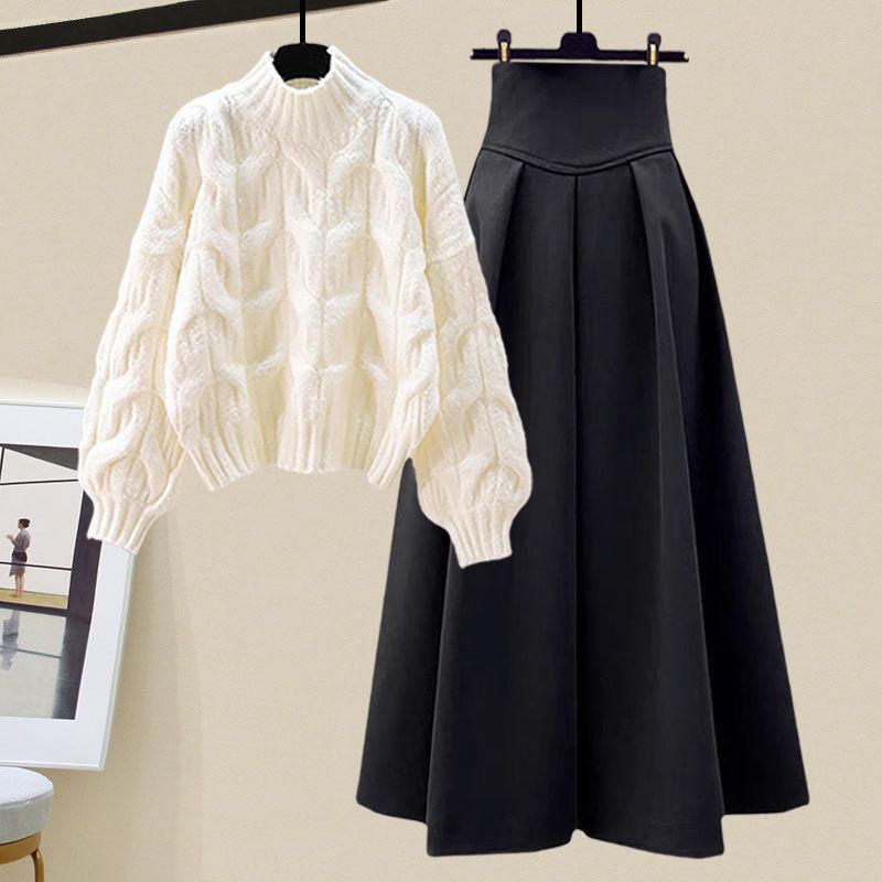 Women's Cable Knit Jumper and Long Pleated Skirt Set