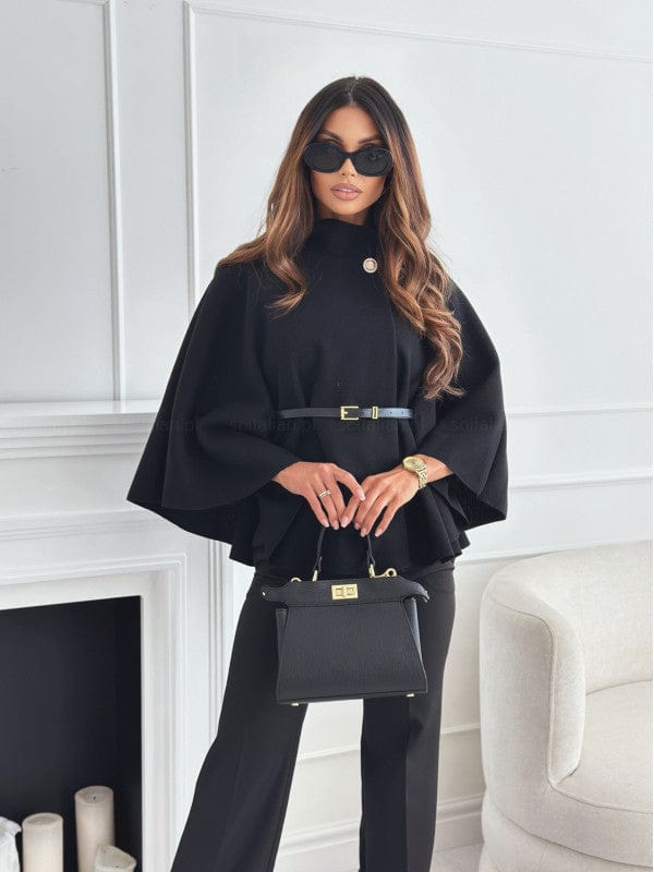 Wool-Blend Cape with Stand Collar and Belt – Asymmetric Cut