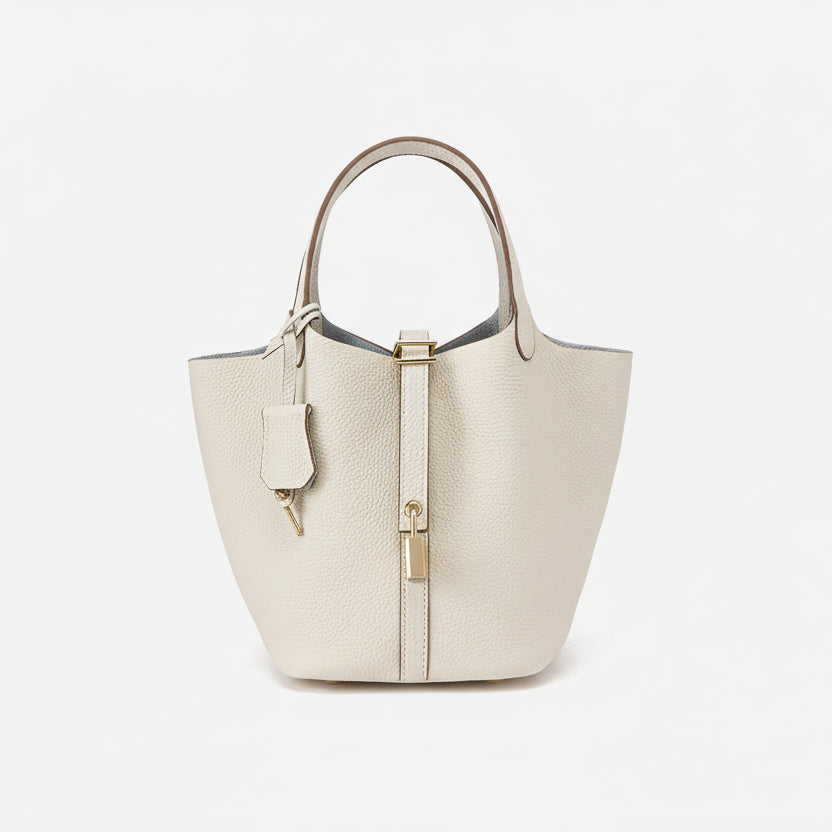 Structured Basket Handbag with Twist Lock – Faux Leather Bucket Bag