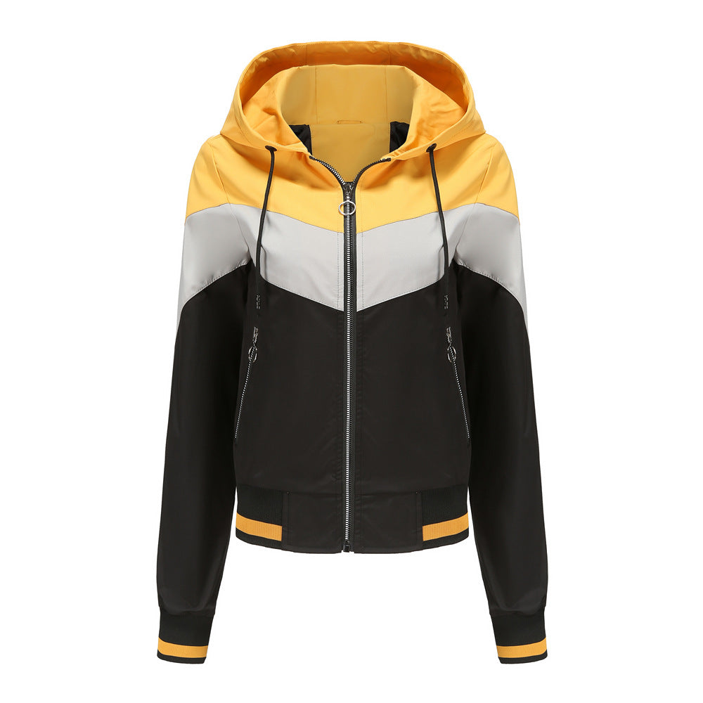 Women's Lightweight Hooded Bomber Jacket with Printed Colour Block Design