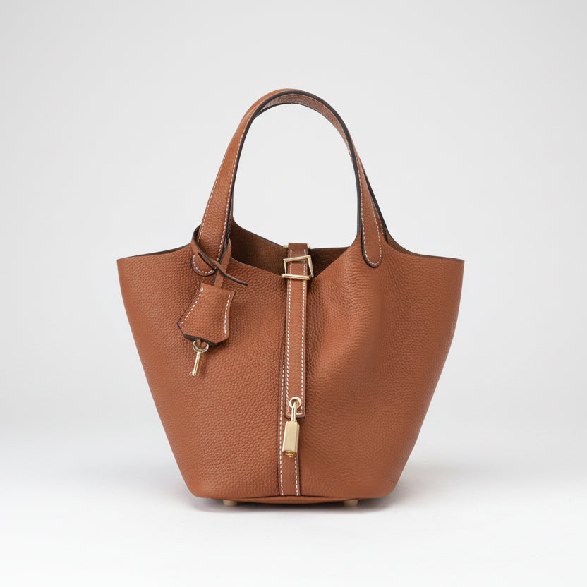 Structured Basket Handbag with Twist Lock – Faux Leather Bucket Bag