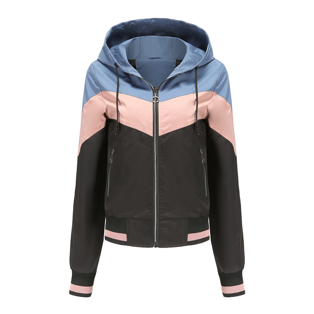 Women's Lightweight Hooded Bomber Jacket with Printed Colour Block Design
