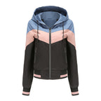 Women's Lightweight Hooded Bomber Jacket with Printed Colour Block Design