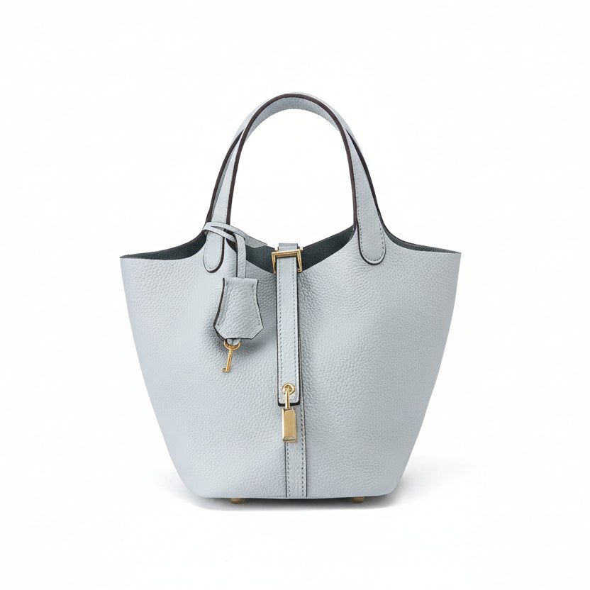 Structured Basket Handbag with Twist Lock – Faux Leather Bucket Bag