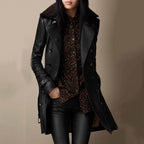Women's Elegant Double-Breasted leather-look Coat with Plush faux fur