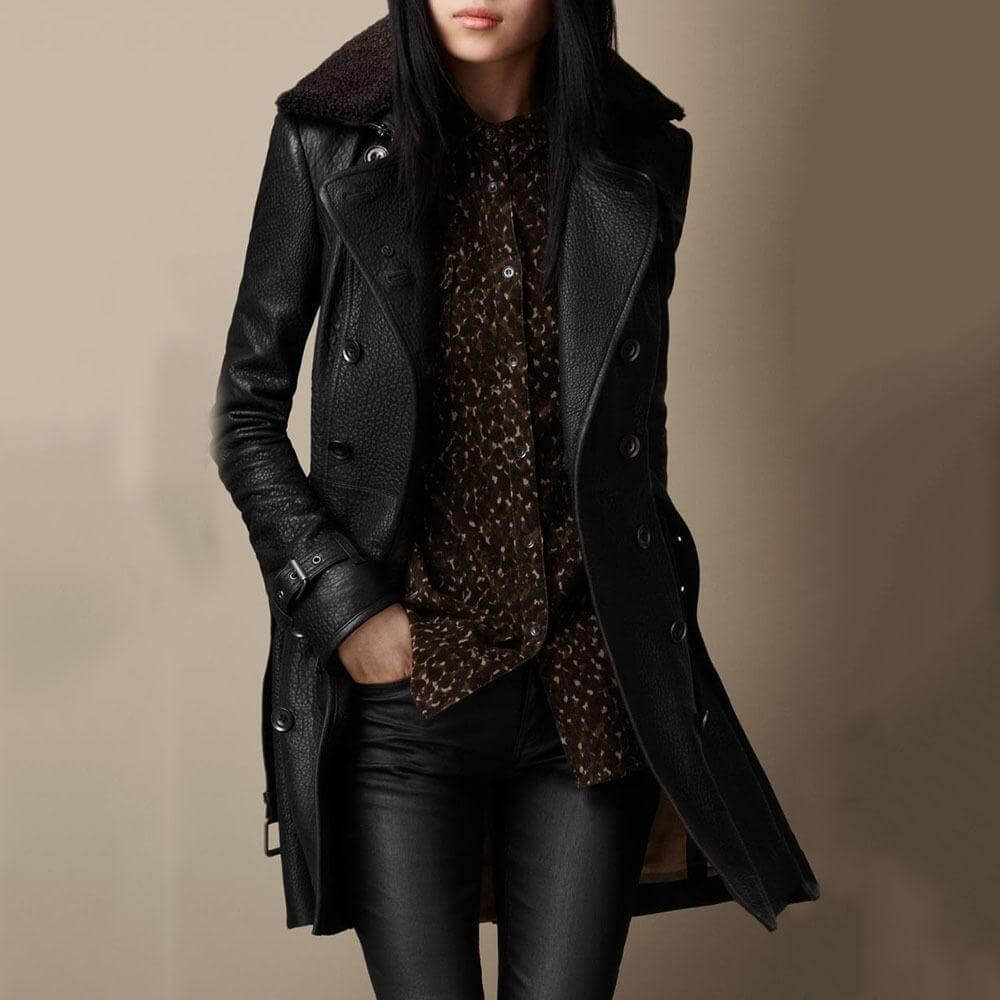 Women's Elegant Double-Breasted leather-look Coat with Plush faux fur