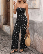 Women's Strapless Polka Dot Wide-Leg Jumpsuit with Draped Bodice