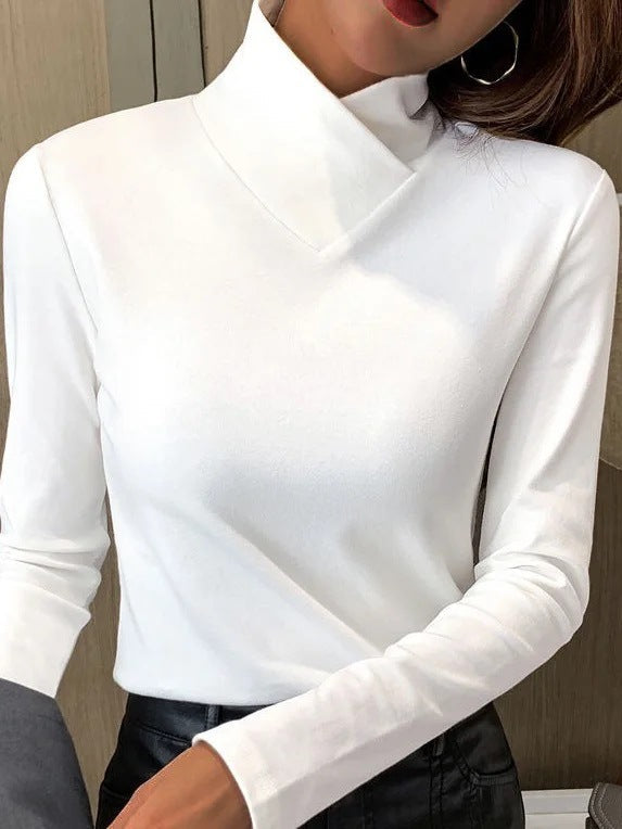 Women's Elegant Asymmetric High-Neck Knitted Jumper with Crossover Collar