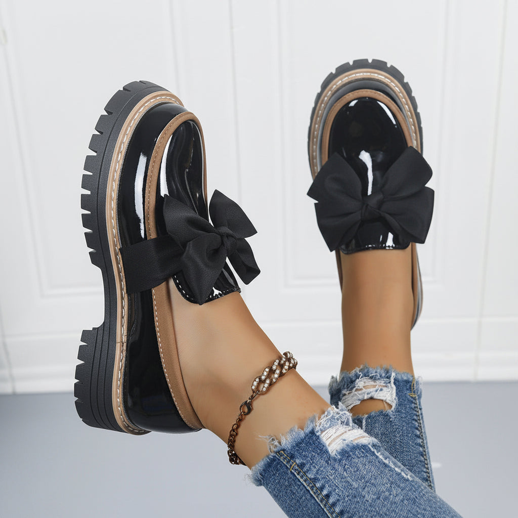 Women's Retro Platform Shoes with Bow – Chunky Sole Comfort Flats