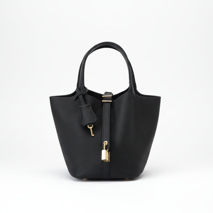 Structured Basket Handbag with Twist Lock – Faux Leather Bucket Bag
