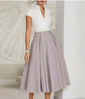 Women's Elegant V-Neck Midi Dress – Embellished Waist Short Sleeve A-Line