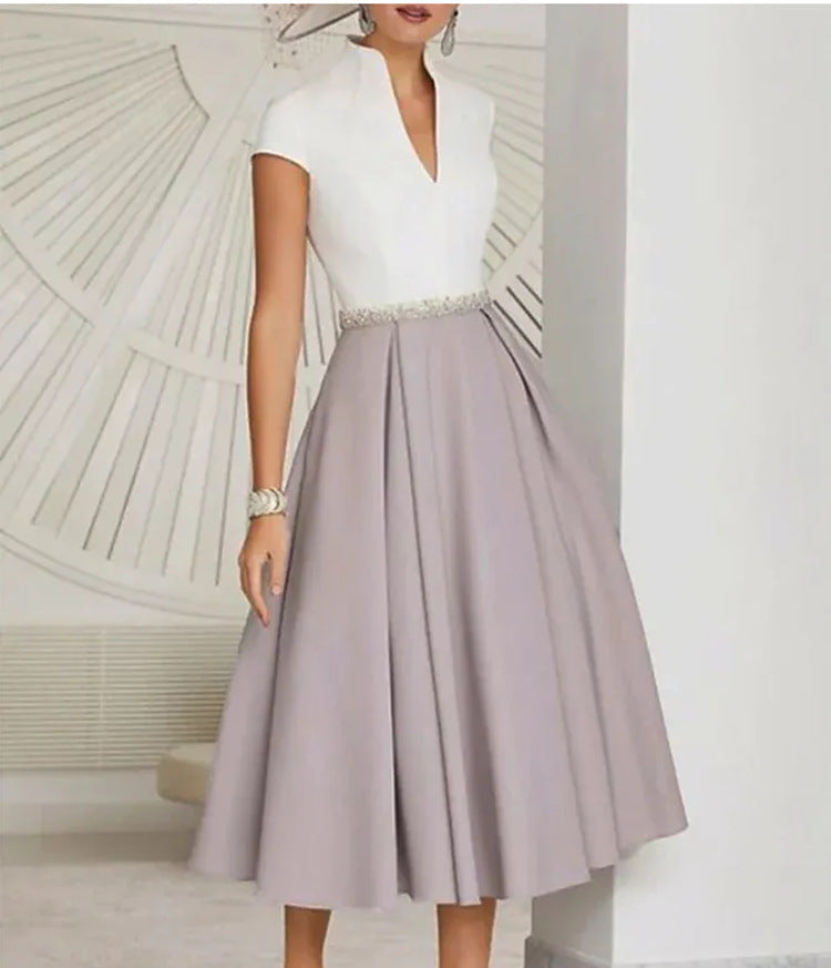 Women's Elegant V-Neck Midi Dress – Embellished Waist Short Sleeve A-Line